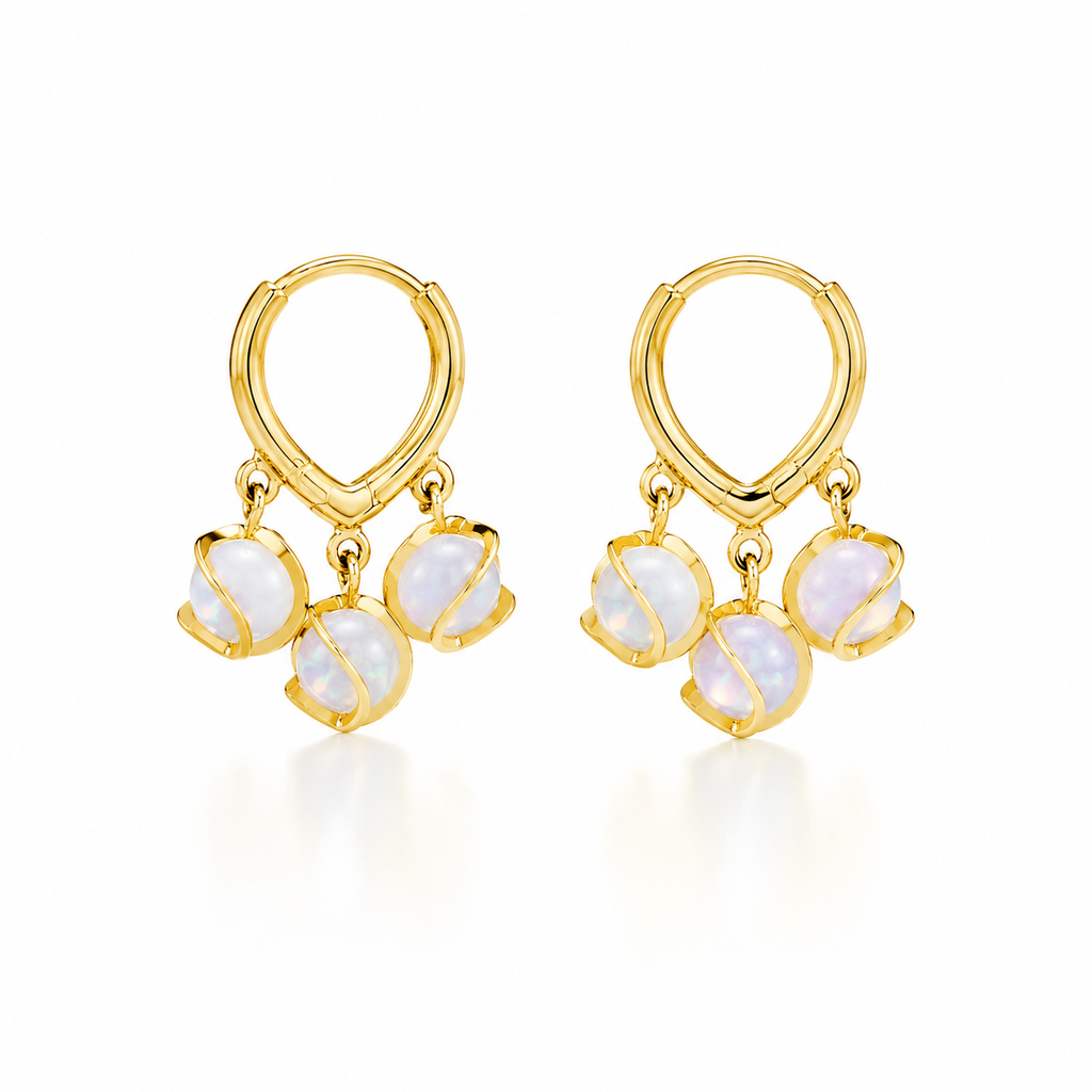 Gold hoop earrings with dangling opal stones, elegant anti-tarnish jewelry for women