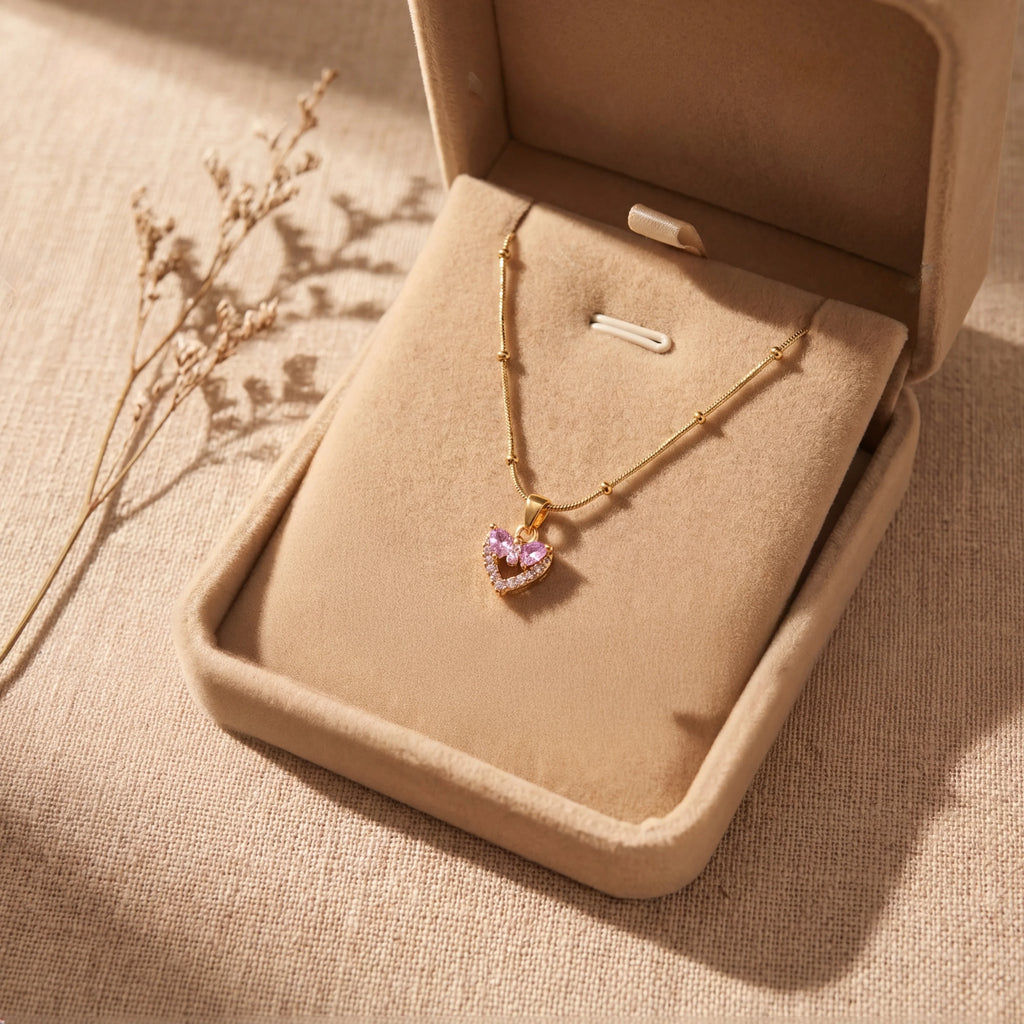 Elegant gold necklace with pink heart pendant, anti-tarnish jewelry for women, luxury gift style
