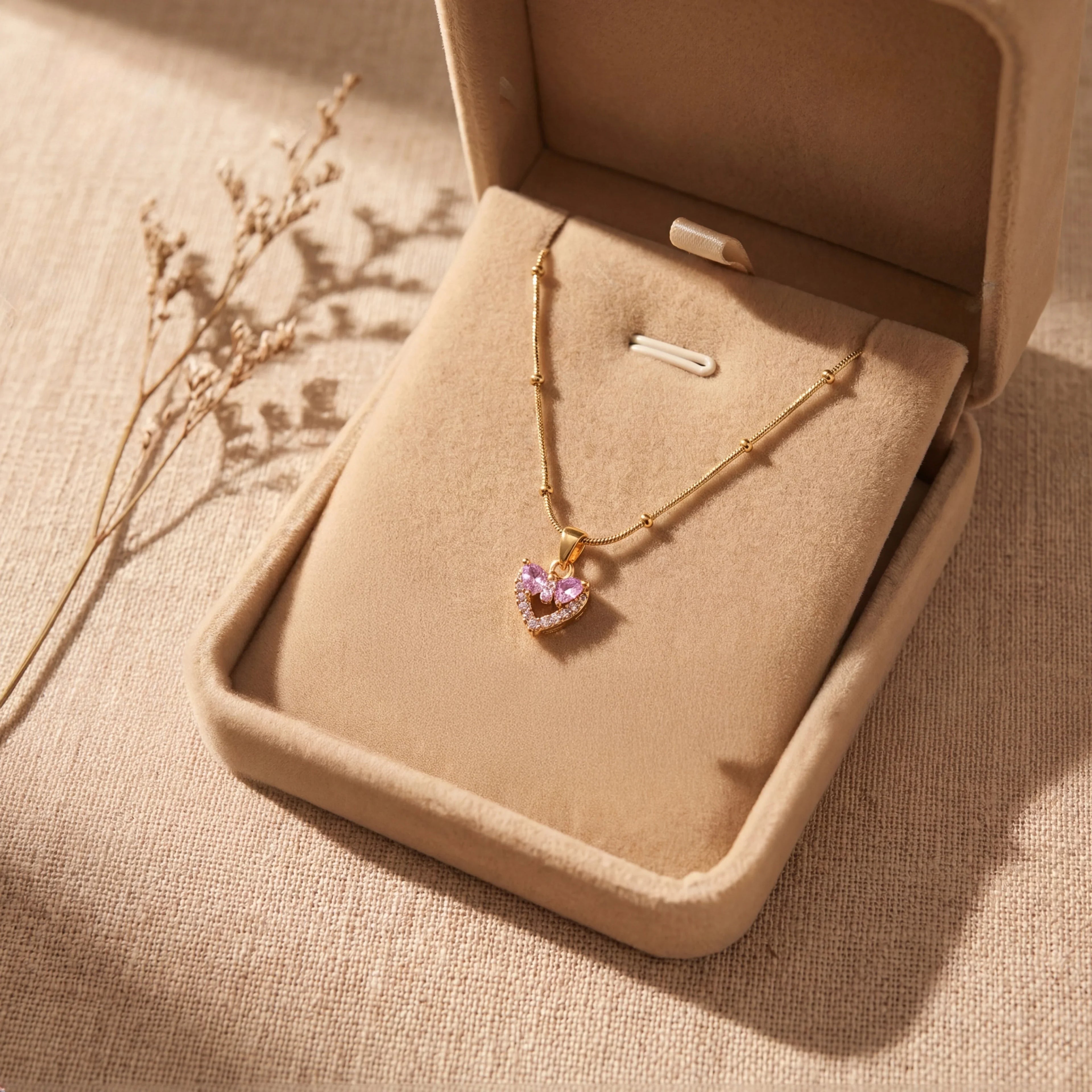 Elegant gold necklace with pink heart pendant, anti-tarnish jewelry for women, luxury gift style