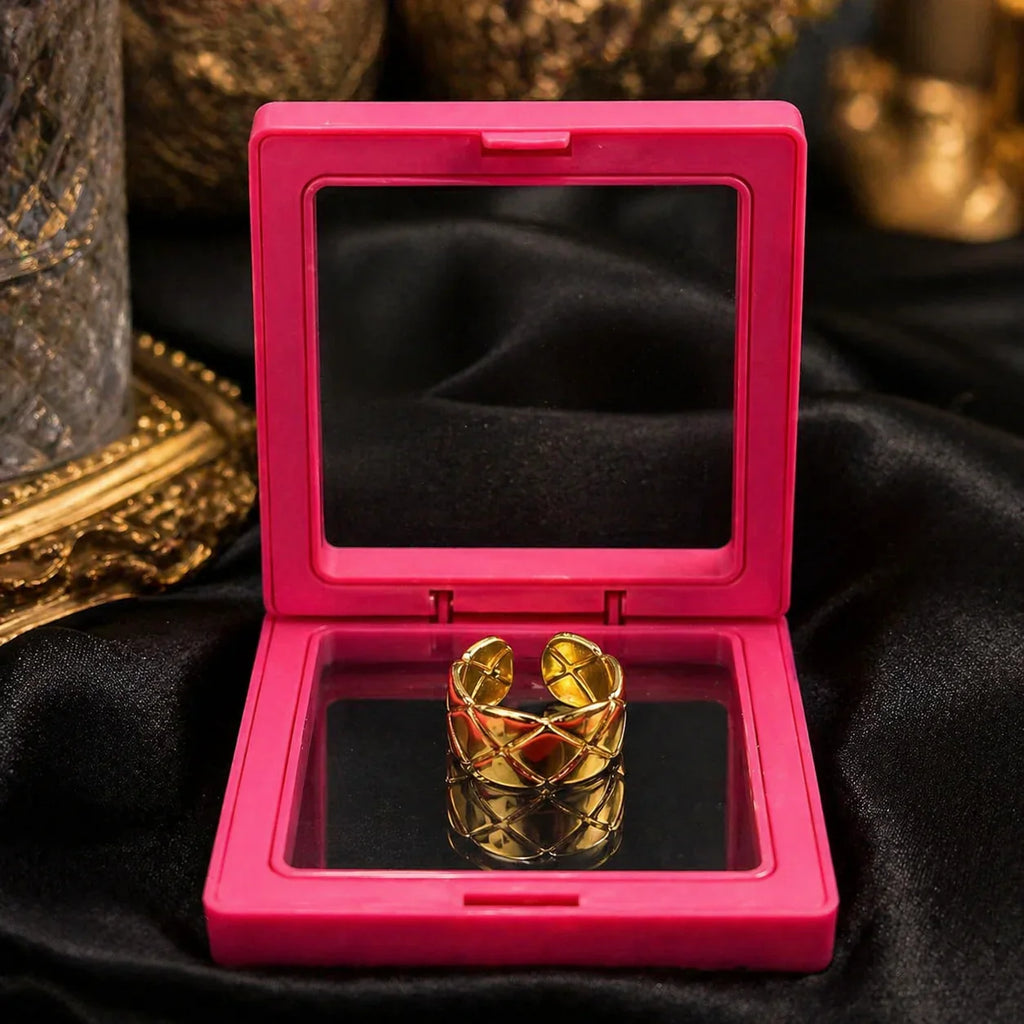 Gold anti-tarnish statement ring in pink gift box, elegant luxury jewelry for women