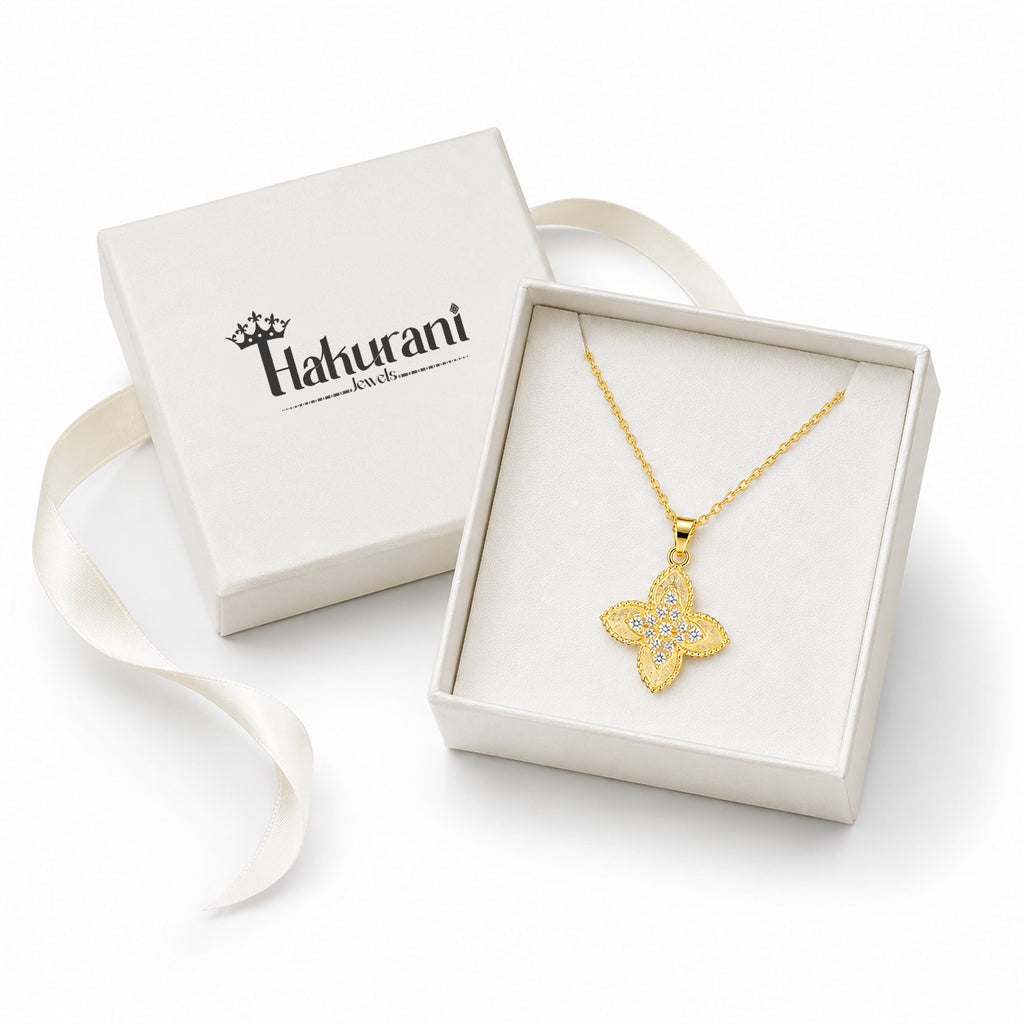18K Gold Plated Four-Leaf Flower Pendant Necklace with Crystal Stones