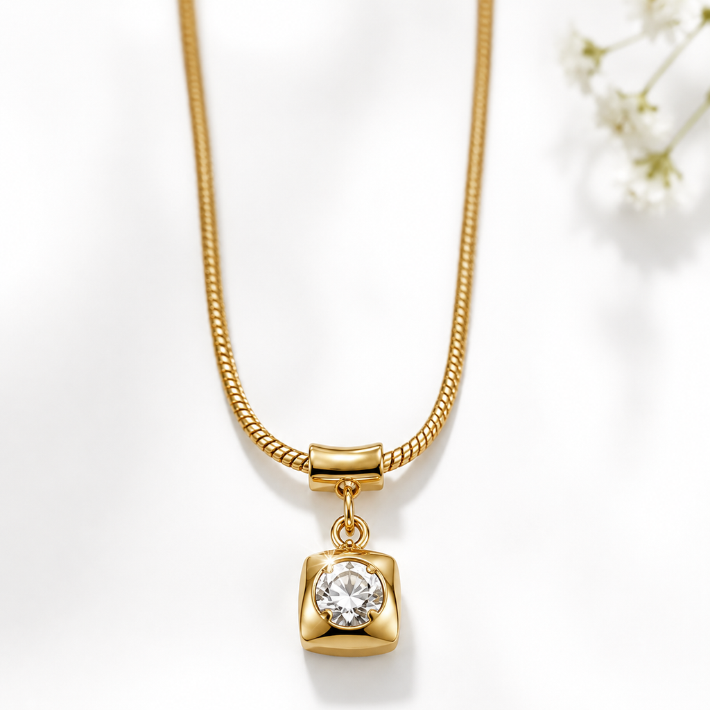 Gold necklace with square pendant and sparkling crystal, anti-tarnish luxury jewelry for women