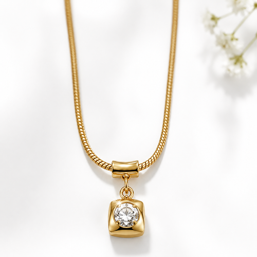 Gold necklace with square pendant and sparkling crystal, anti-tarnish luxury jewelry for women