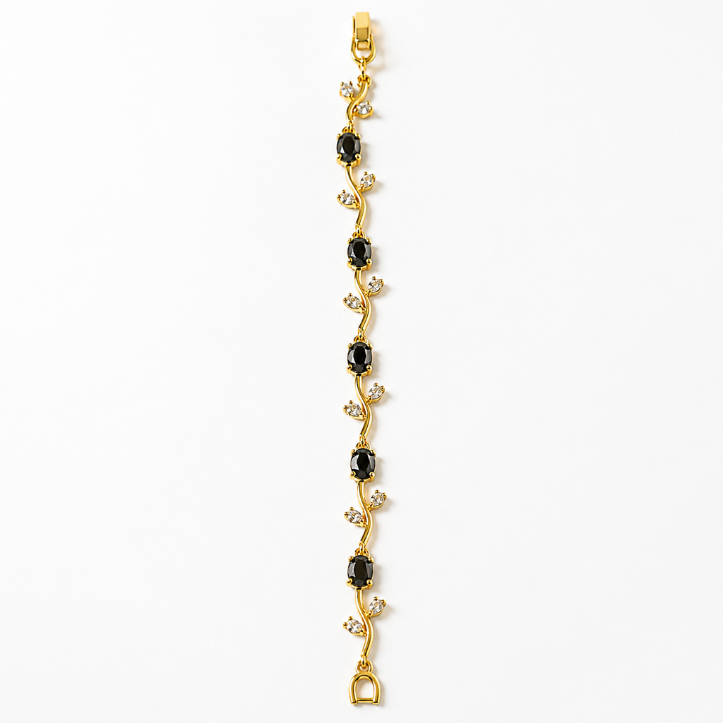 Elegant gold bracelet with black oval stones and clear crystals, anti-tarnish luxury jewelry for women