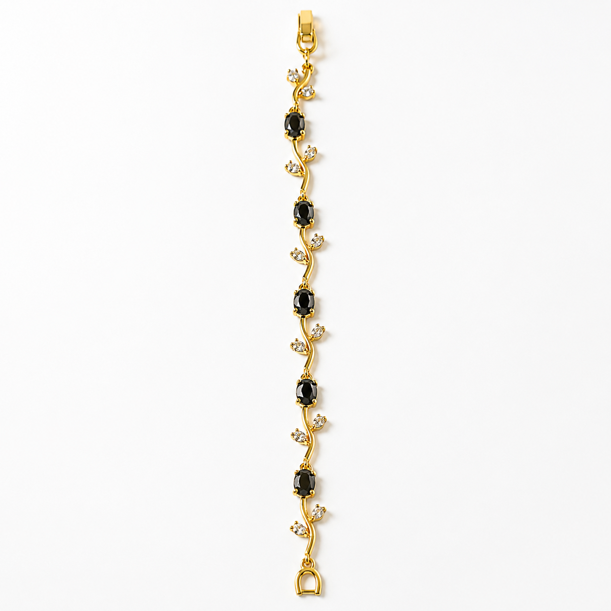 Elegant gold bracelet with black oval stones and clear crystals, anti-tarnish luxury jewelry for women