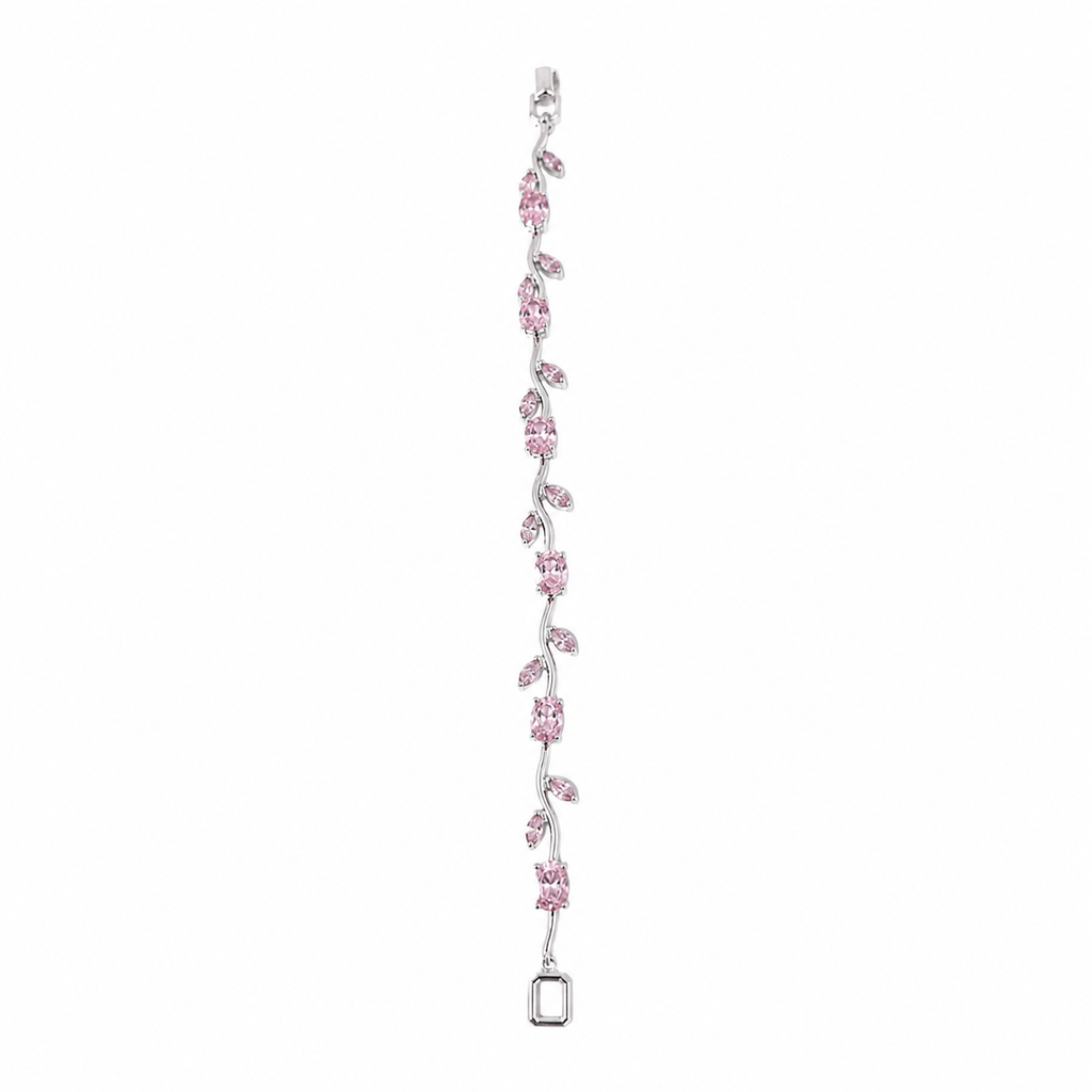 Elegant silver bracelet with pink gemstones in floral vine design, anti-tarnish jewelry for women