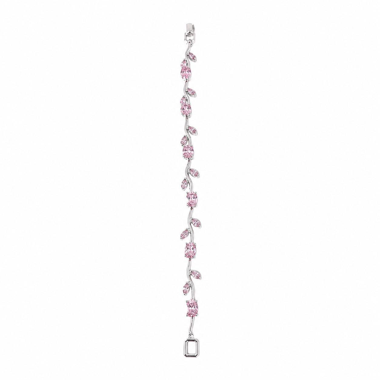 Elegant silver bracelet with pink gemstones in floral vine design, anti-tarnish jewelry for women