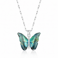 Elegant butterfly pendant necklace with iridescent green wings & crystal body, anti-tarnish silver chain