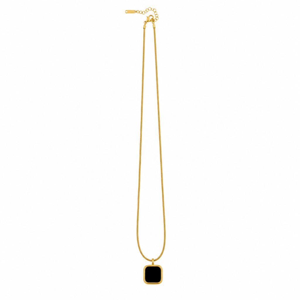 Gold snake chain necklace with black square pendant, anti-tarnish women's jewelry
