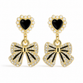 Gold heart and bow drop earrings with black enamel, pearls, and crystals for women’s elegant jewelry