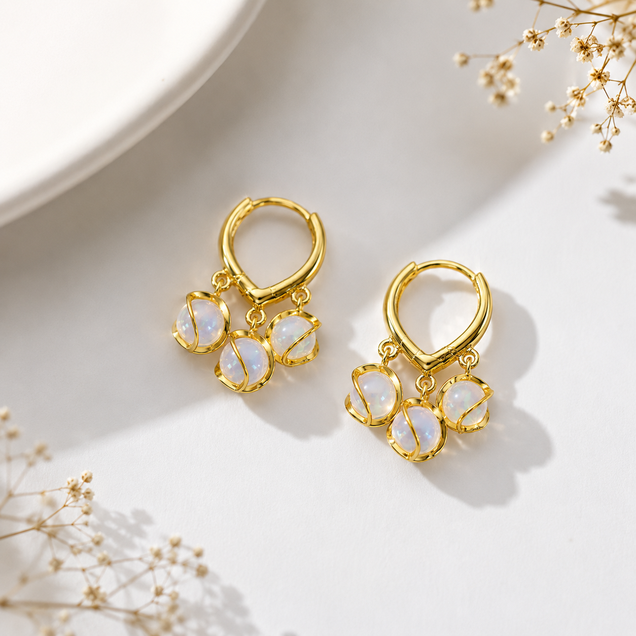 Gold hoop earrings with three opal stones, anti-tarnish luxury jewelry for women