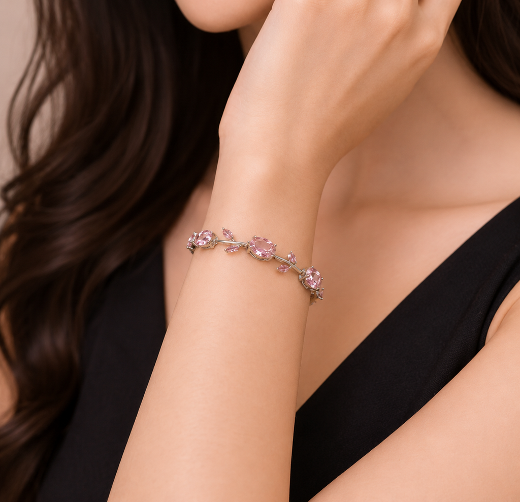 Elegant pink gemstone bracelet with floral design, anti-tarnish silver jewelry for women