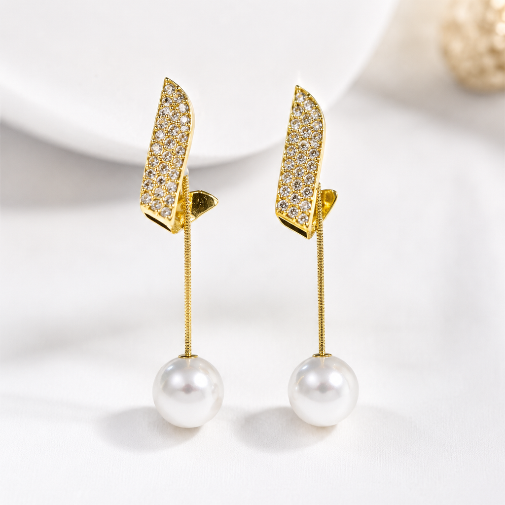 Gold-tone earrings with crystal pavé and pearl drop, elegant anti-tarnish jewelry for women