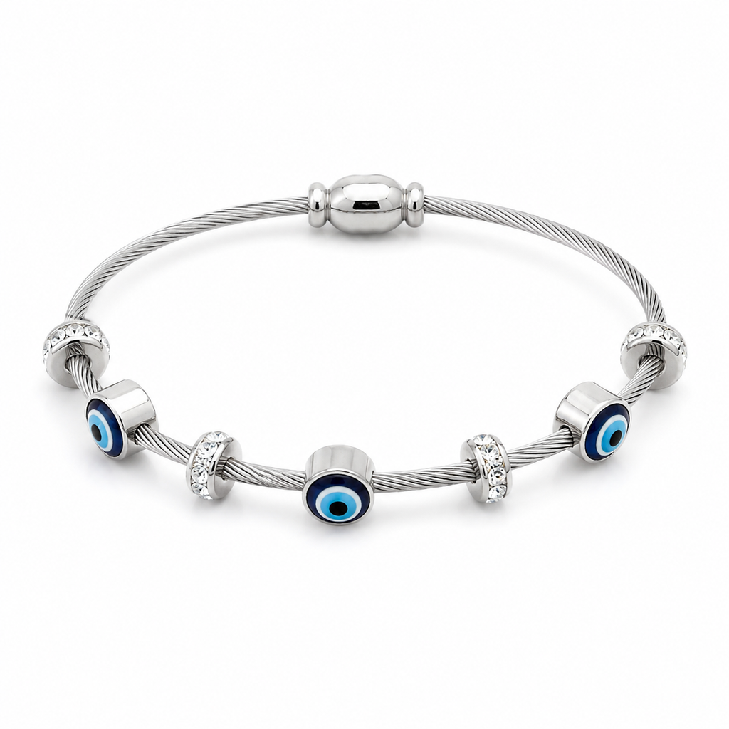 Silver cable bracelet with blue evil eye charms and crystal accents, anti-tarnish women's jewelry