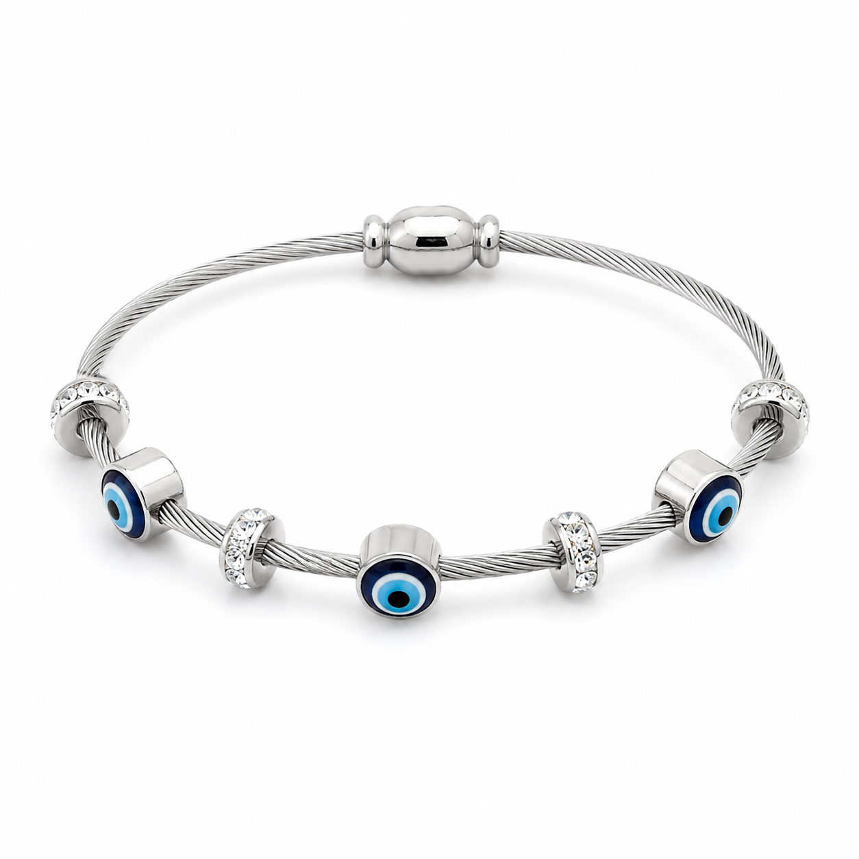 Silver cable bracelet with blue evil eye charms and crystal accents, anti-tarnish women's jewelry