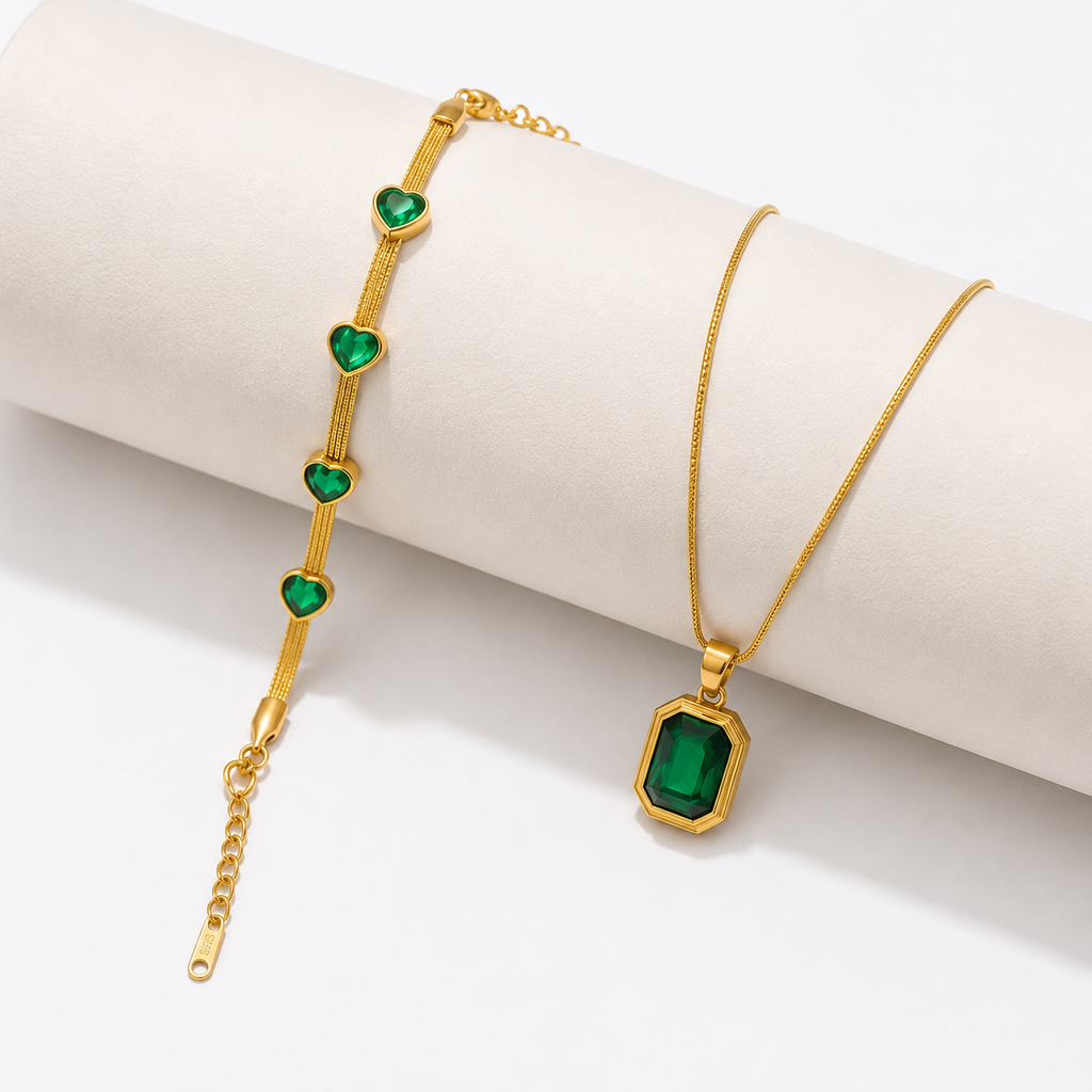 Emerald Green Pendant & Heart Bracelet Combo | 18K Gold Plated Anti-Tarnish Jewellery