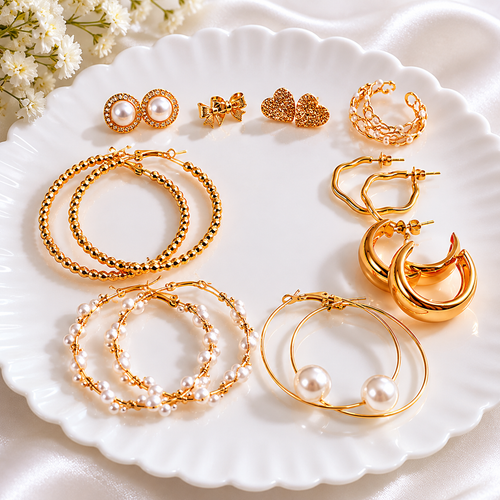 Gold hoop earrings with pearls and hearts, elegant anti-tarnish jewelry for women