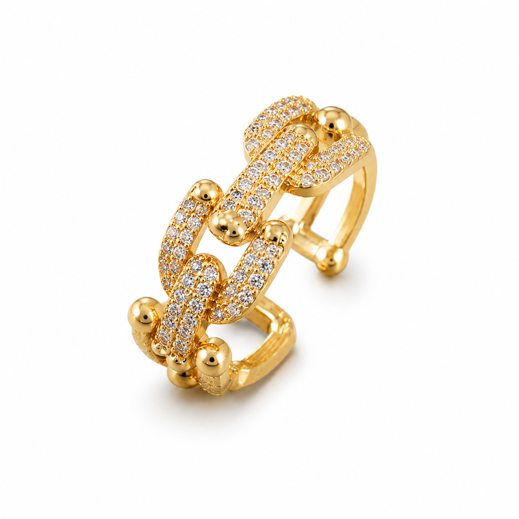 Gold chain link ring with sparkling crystals, elegant anti-tarnish jewelry for women