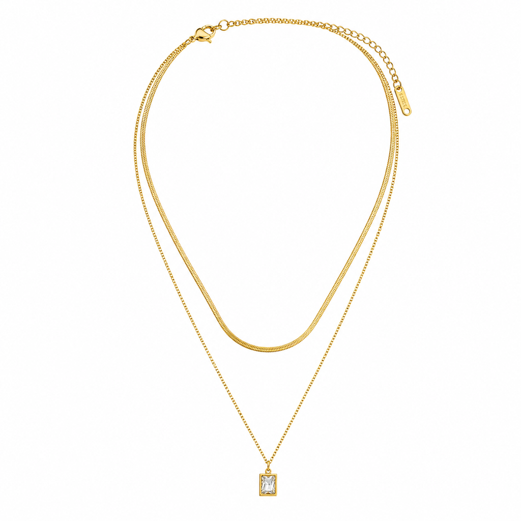 Gold layered necklace with square crystal pendant, anti-tarnish everyday luxury jewelry for women