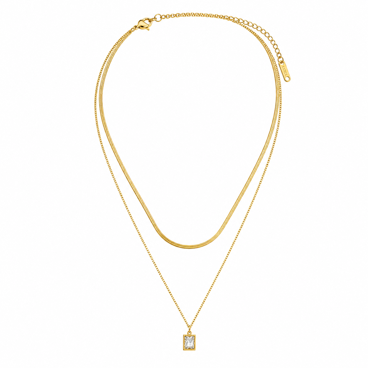 Gold layered necklace with square crystal pendant, anti-tarnish everyday luxury jewelry for women