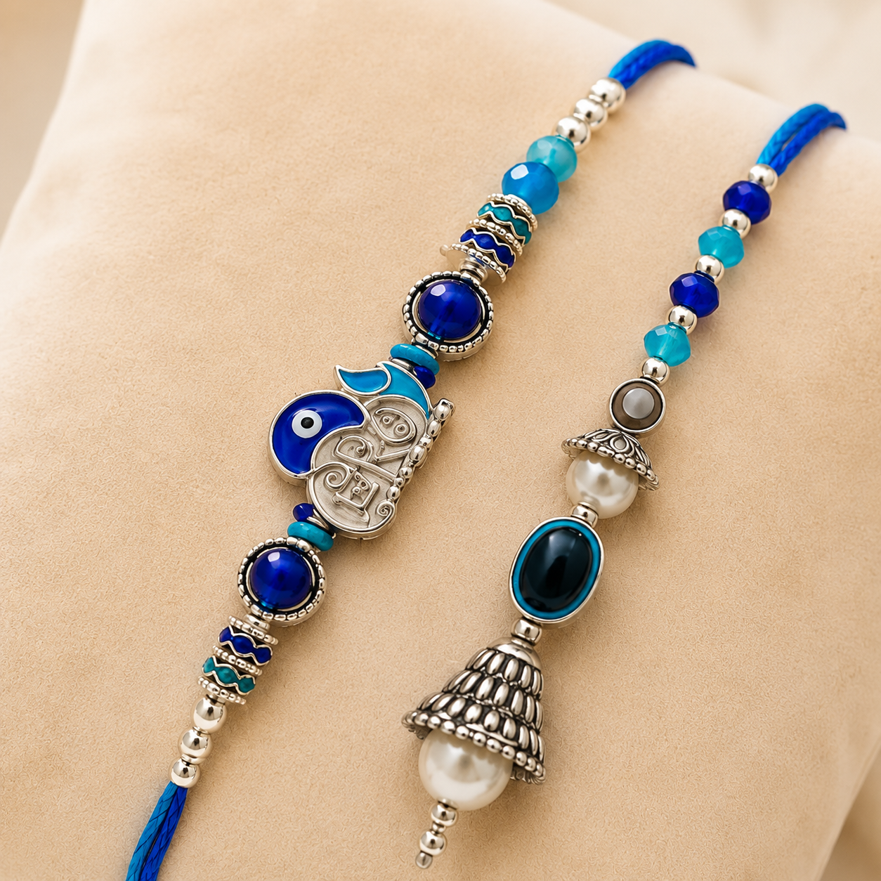Premium Om Evil Eye Rakhi & Oxidized Jhumki Lumba Set