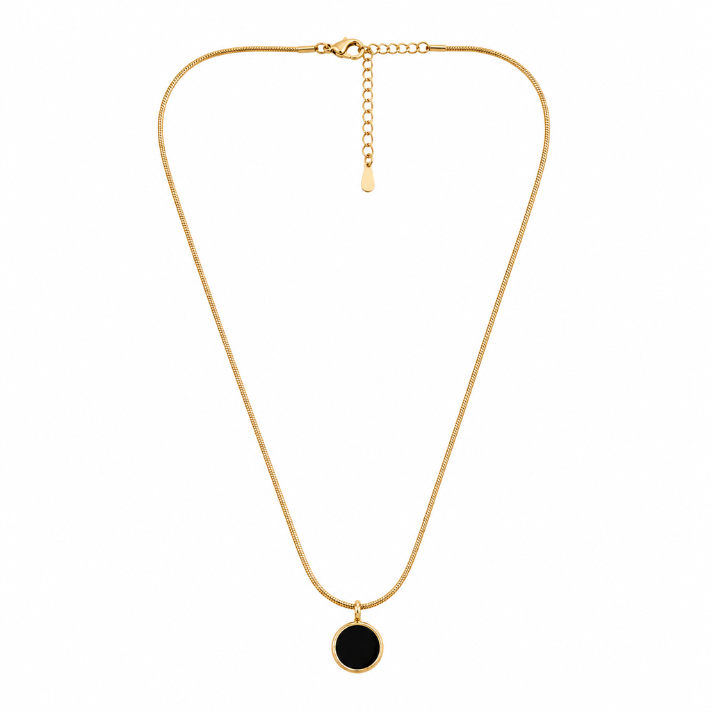 Gold snake chain necklace with black round pendant, anti-tarnish luxury jewelry for women