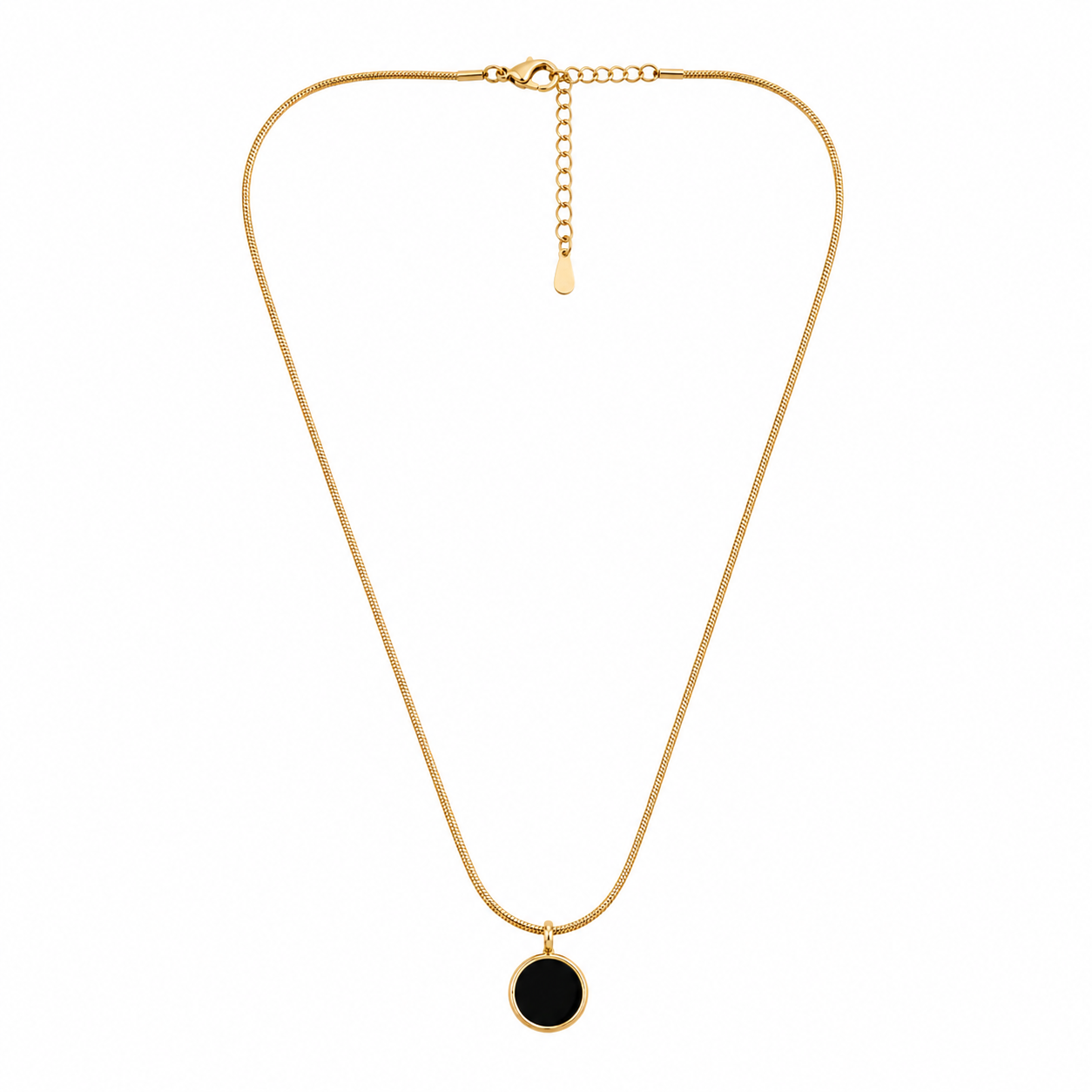 Gold snake chain necklace with black round pendant, anti-tarnish luxury jewelry for women