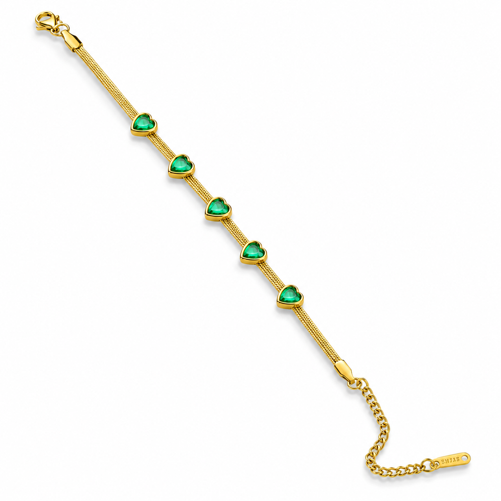 Gold bracelet with green heart charms, anti-tarnish jewelry for women, elegant everyday luxury style