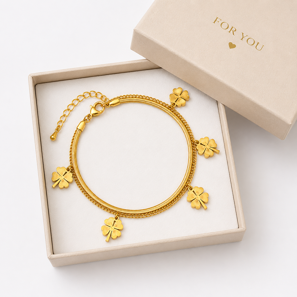 Gold Clover Charm Bracelet for Women – Adjustable Layered Lucky Bracelet