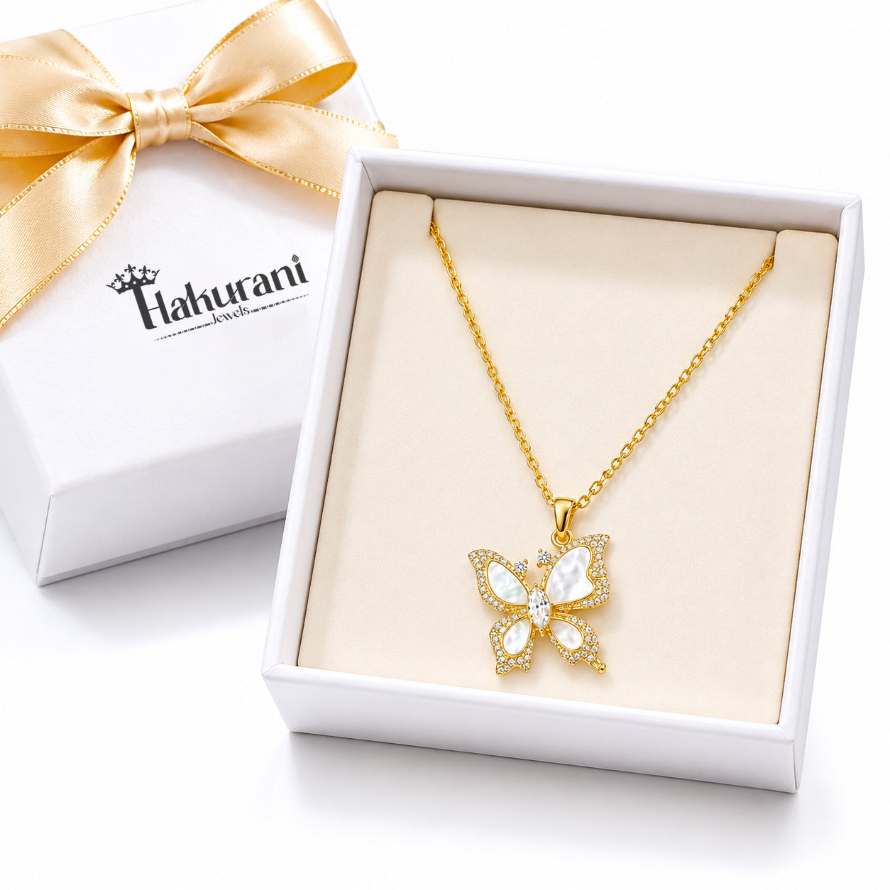 18K Gold Butterfly Pendant Necklace — Mother of Pearl & CZ