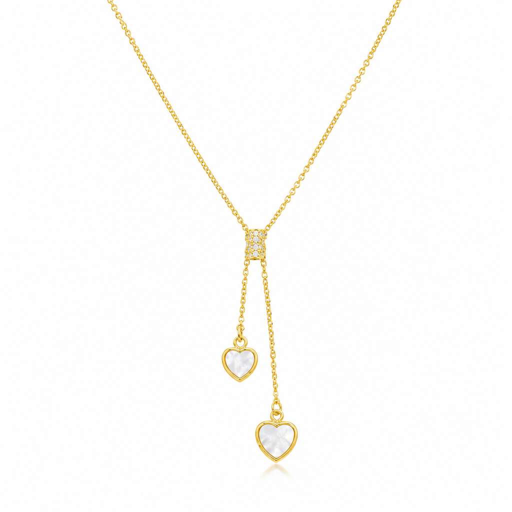 Double Heart Lariat Necklace — 18k Gold Mother of Pearl