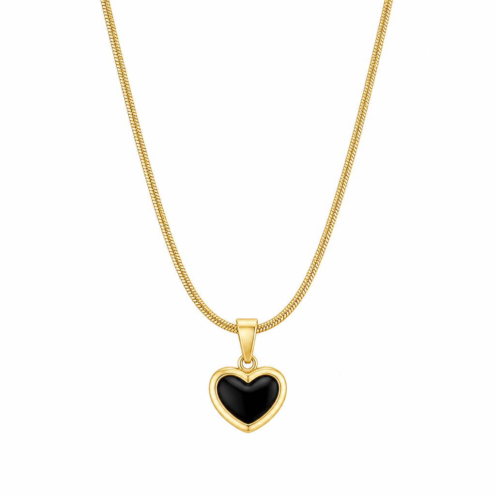 Black Onyx Heart Necklace — 18k Gold Snake Chain