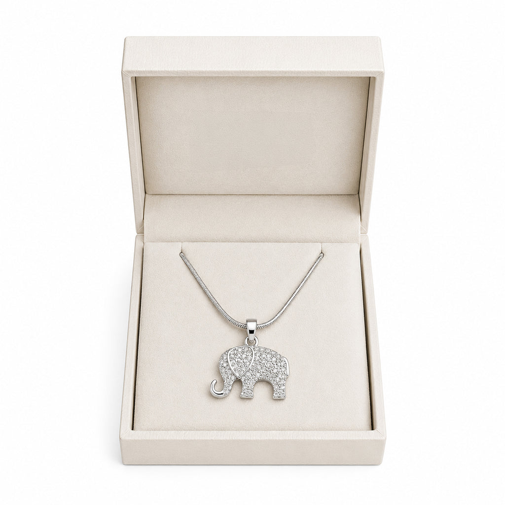 Crystal Rhinestone Elephant Pendant Necklace – Silver Lucky Charm Snake Chain
