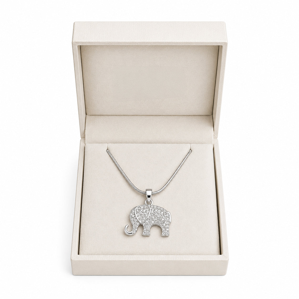 Crystal Rhinestone Elephant Pendant Necklace – Silver Lucky Charm Snake Chain