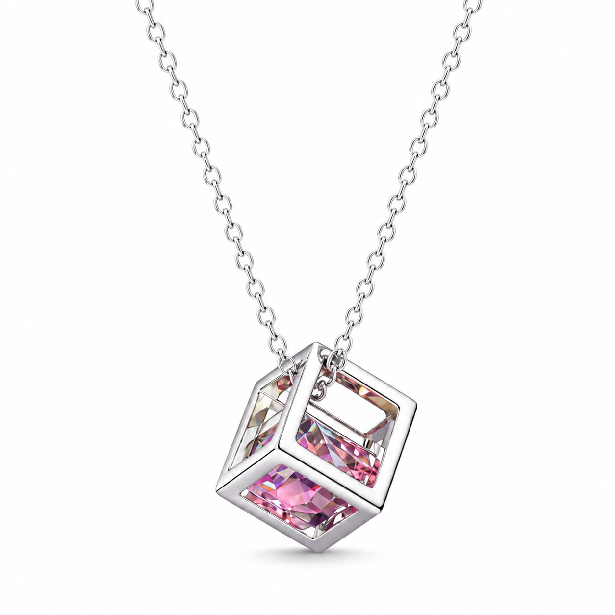 Pink Crystal Cube Pendant Necklace — Silver Geometric