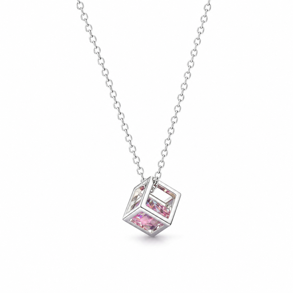 Pink Crystal Cube Pendant Necklace — Silver Geometric
