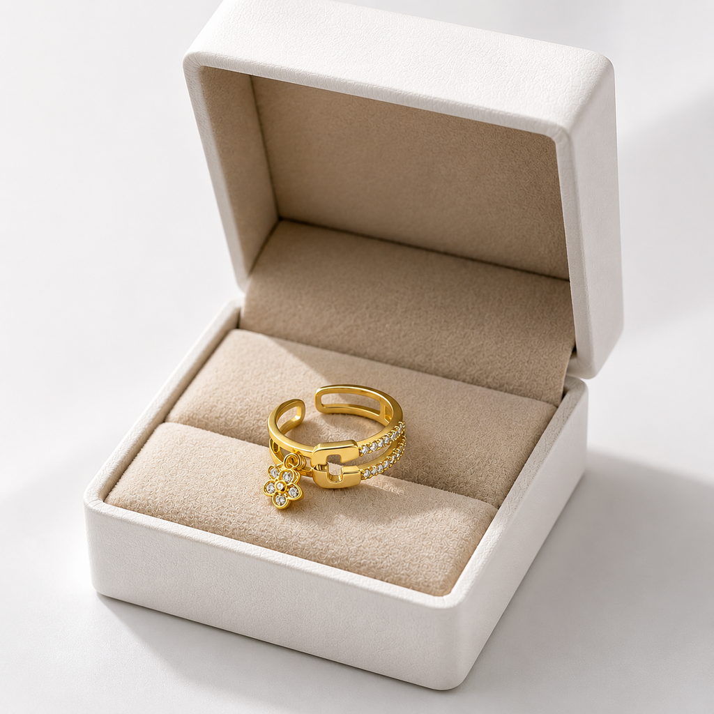 Gold adjustable ring with flower charm and crystals, anti-tarnish luxury jewelry for women