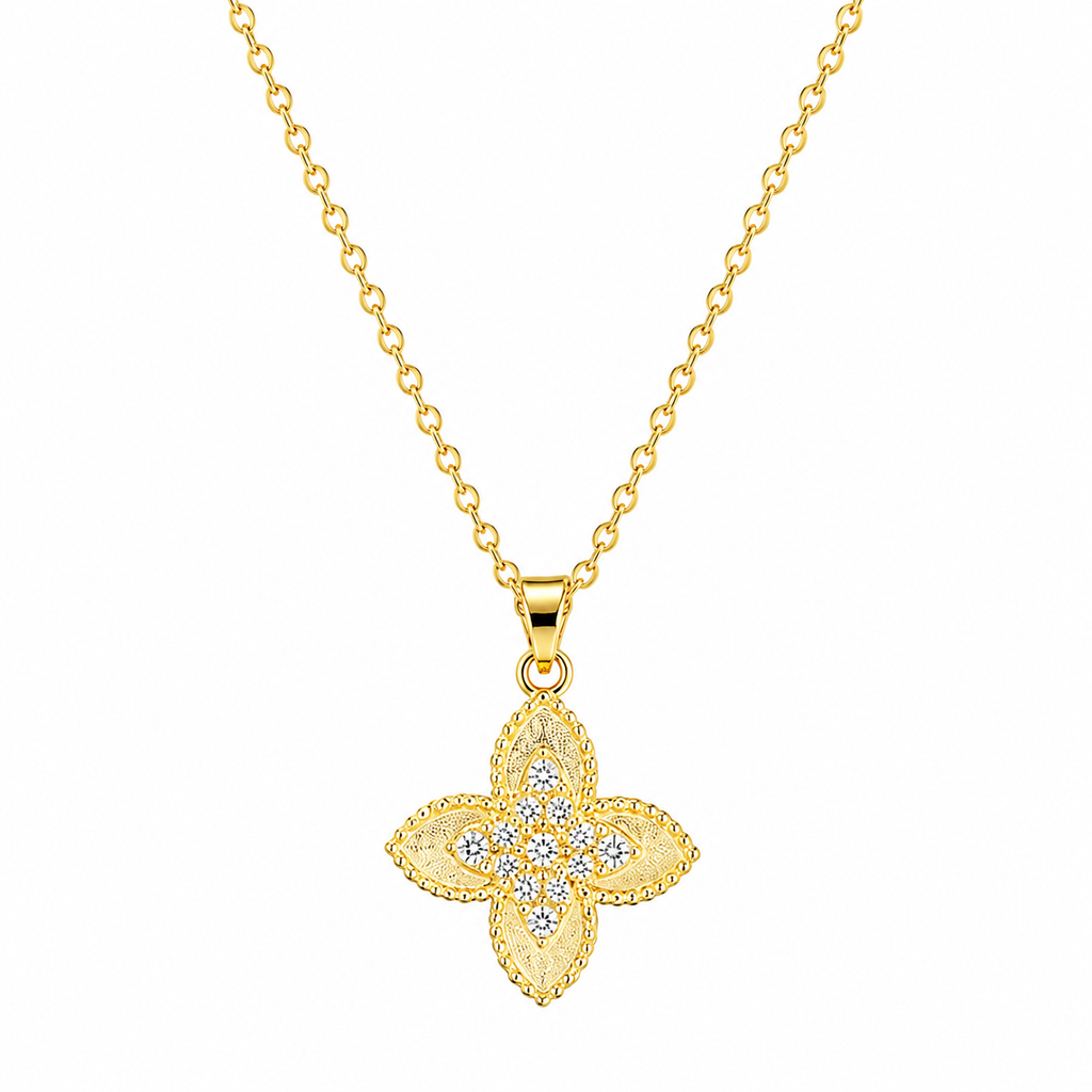 18K Gold Plated Four-Leaf Flower Pendant Necklace with Crystal Stones
