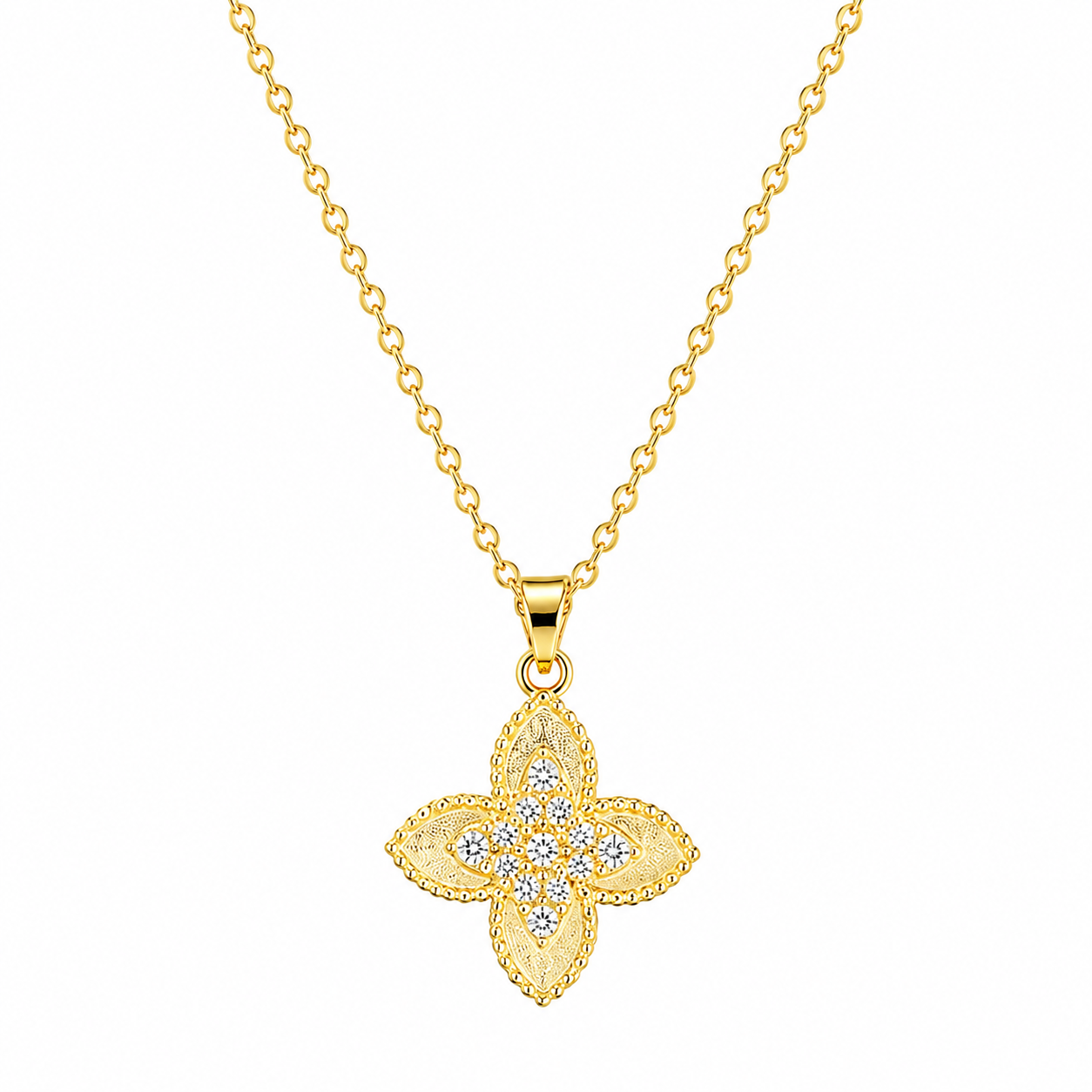 18K Gold Plated Four-Leaf Flower Pendant Necklace with Crystal Stones