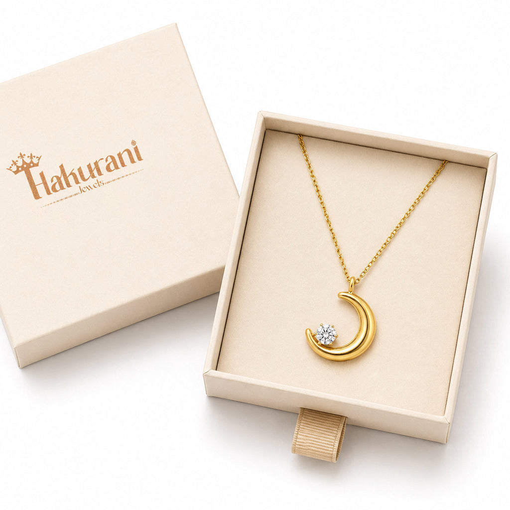 Gold Crescent Moon Necklace | CZ Diamond Pendant