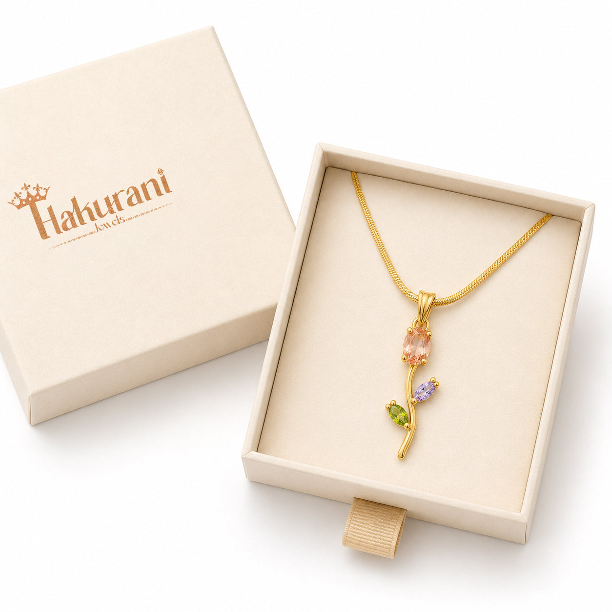 Floral Gemstone Pendant Necklace | 18K Gold Plated | Snake Chain