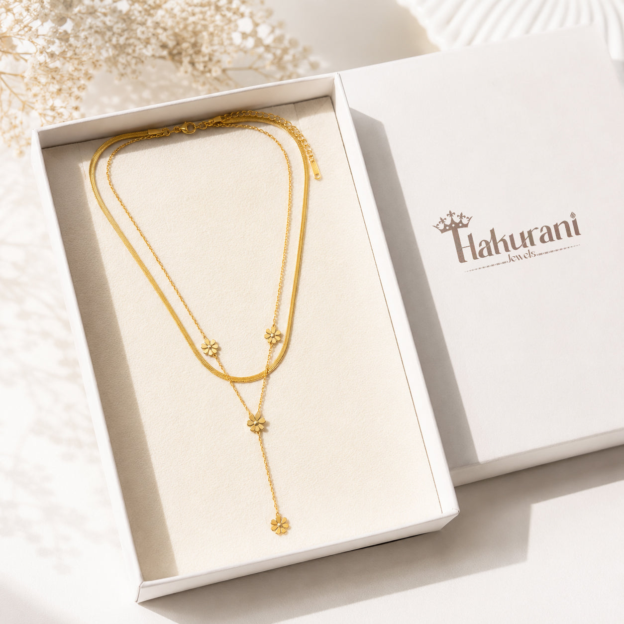 Golden Floral Layered Lariat Necklace for Women | Elegant Multi-Layer Pendant Chain