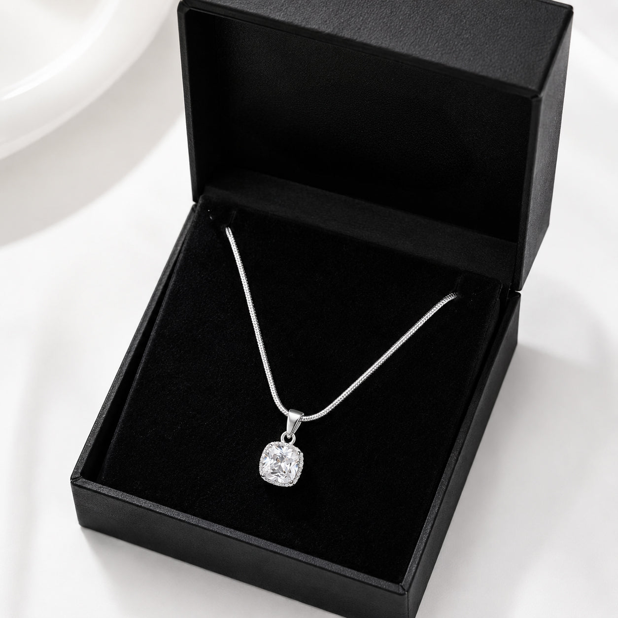 Silver Crystal Pendant Necklace for Women – Elegant Cushion Cut Pendant