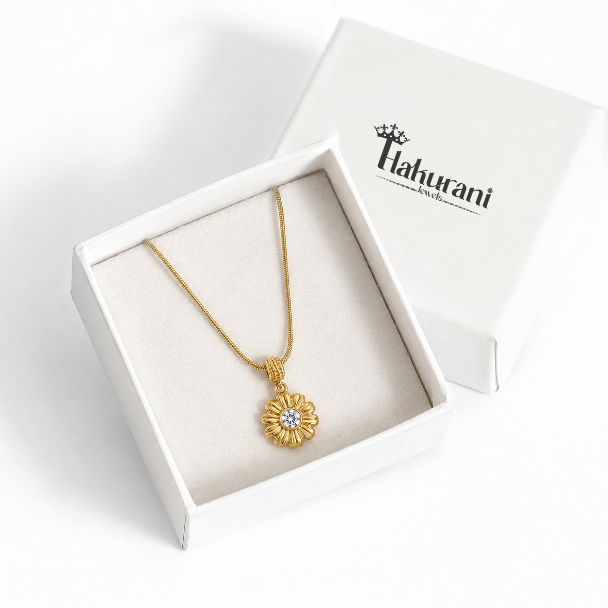 18K Gold Daisy Pendant Necklace with CZ Stone & Snake Chain