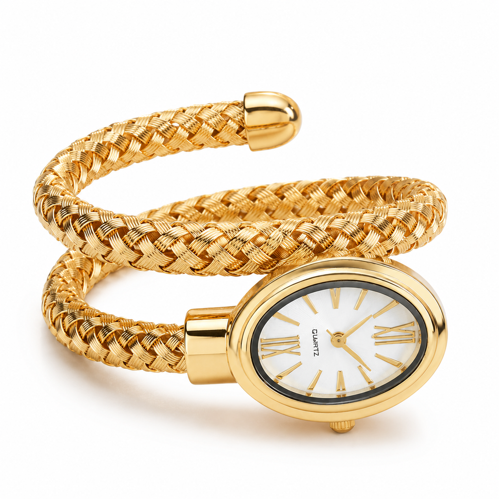 Gold Braided Wrap Watch for Women | Oval Dial Quartz Bangle Wristwatch