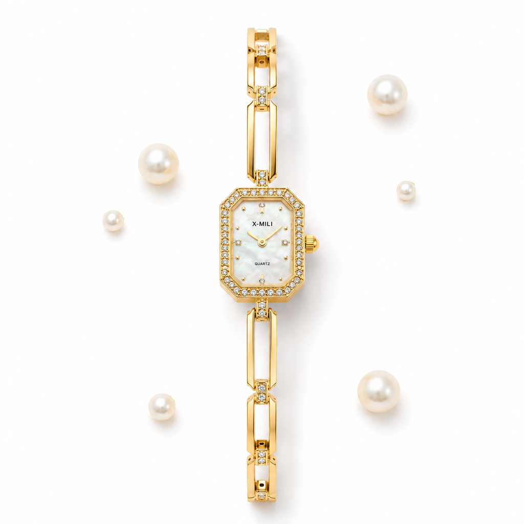 X-MILI Women's Gold Quartz Watch – Crystal Bezel & Pearl Dial