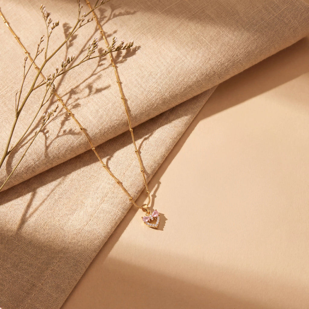 Gold necklace with pink heart pendant, anti-tarnish luxury jewelry for women