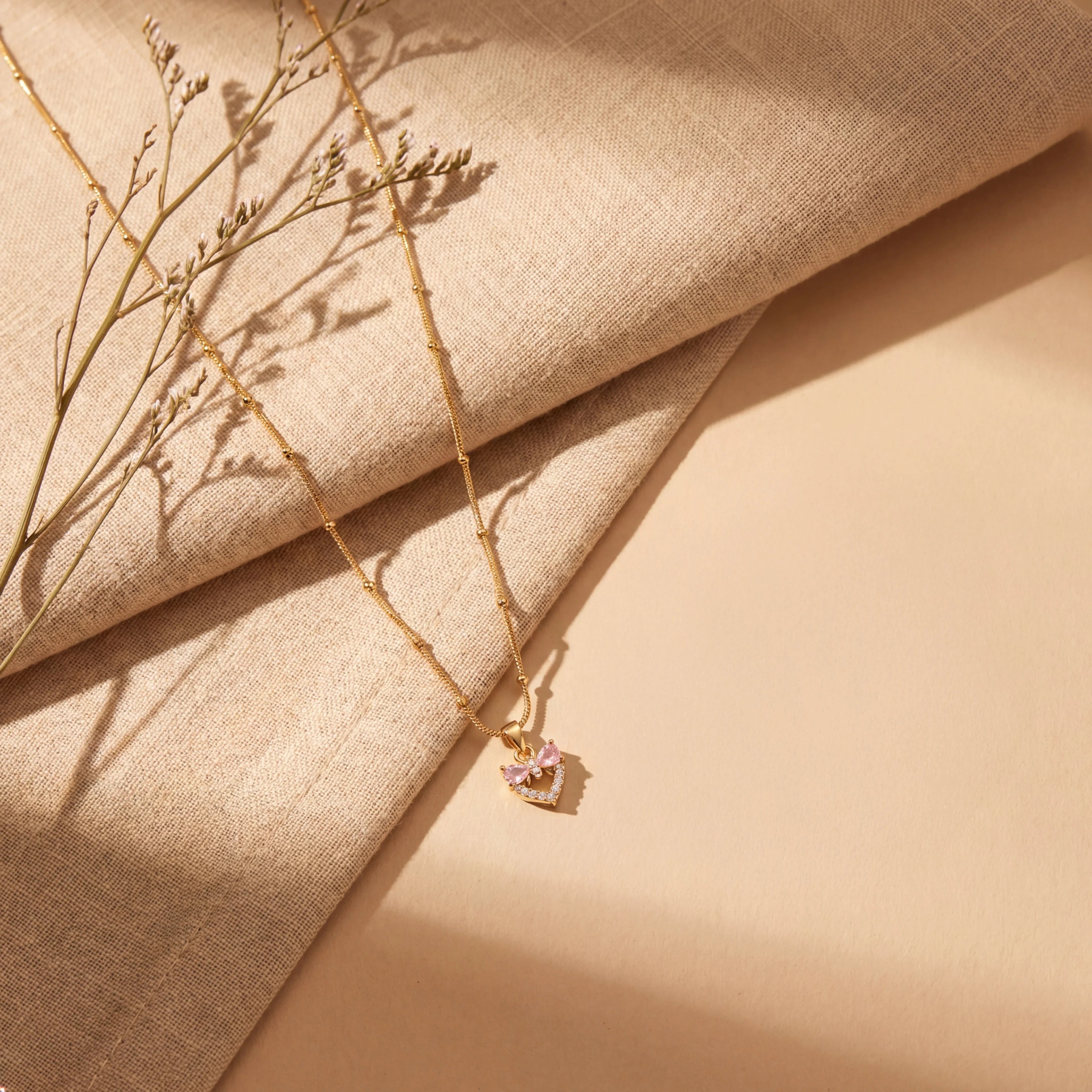 Gold necklace with pink heart pendant, anti-tarnish luxury jewelry for women