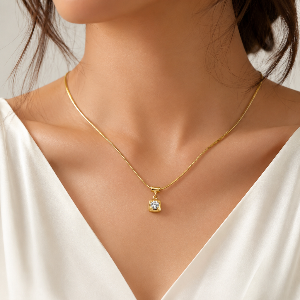 Gold square pendant necklace with crystal, elegant everyday luxury jewelry for women