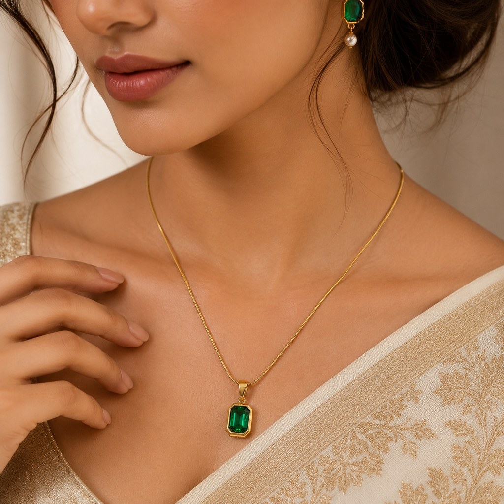 Gold necklace with emerald pendant and matching earrings, elegant anti-tarnish jewelry for women